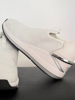 Skechers Mark Nason Hands Free Slip-On Wedge Sneakers – White Knit, Silver Trim